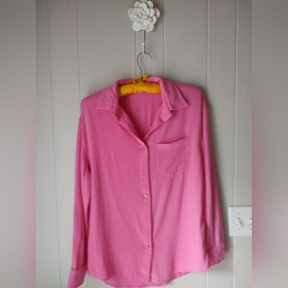 Pink Collared Button-Down Cotton Rayon Casual Blouse Small - Picture 3 of 6